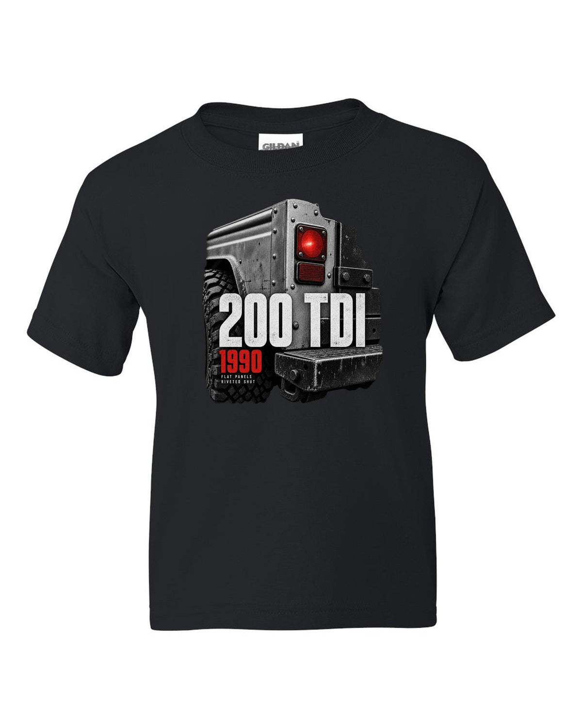 Land Rover Defender 200 Tdi taillight and riveted panel macro print black kids tee front view with the design