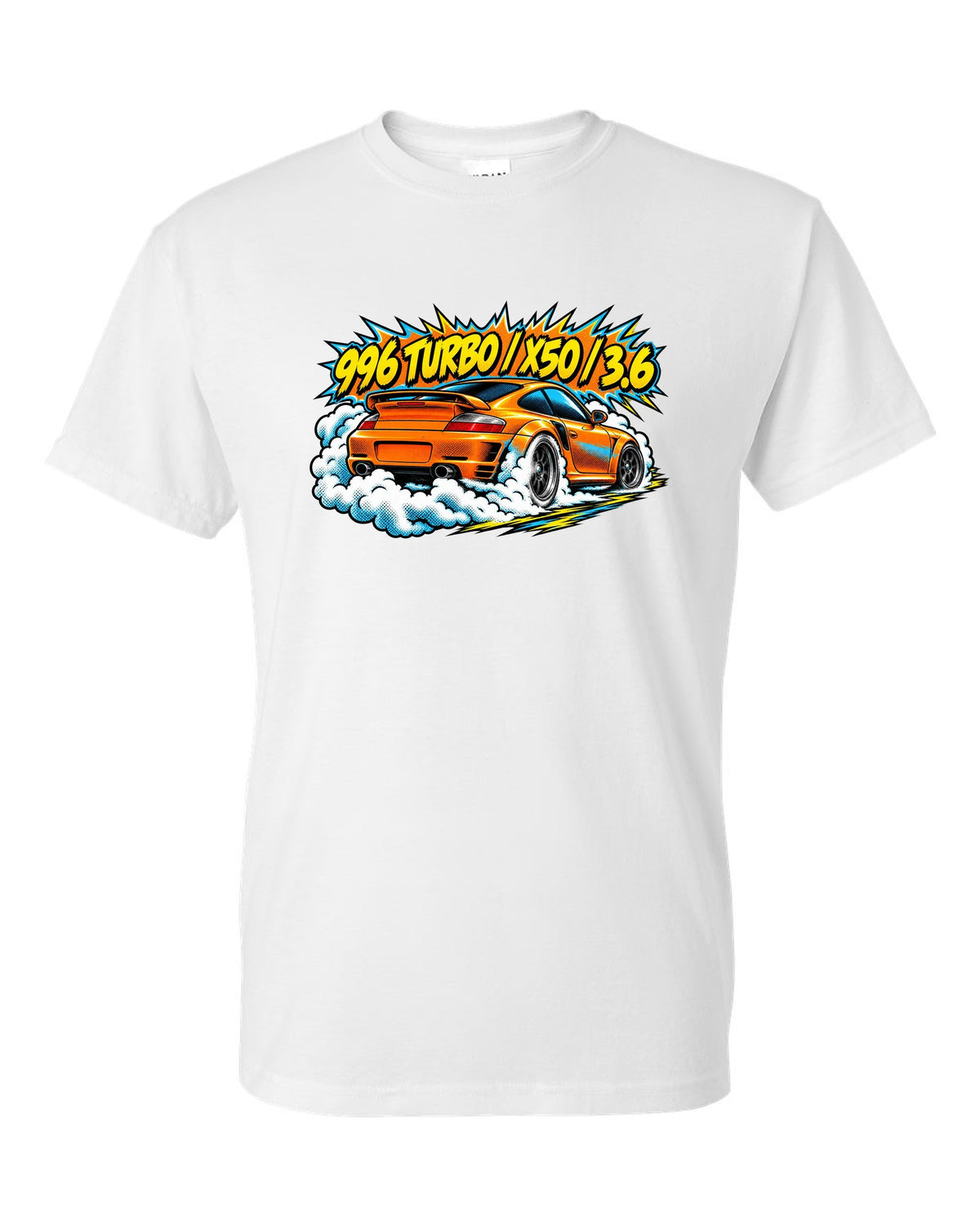 Porsche 996 Turbo comic halftone burnout burst design with X50 lettering white t-shirt front view with the design
