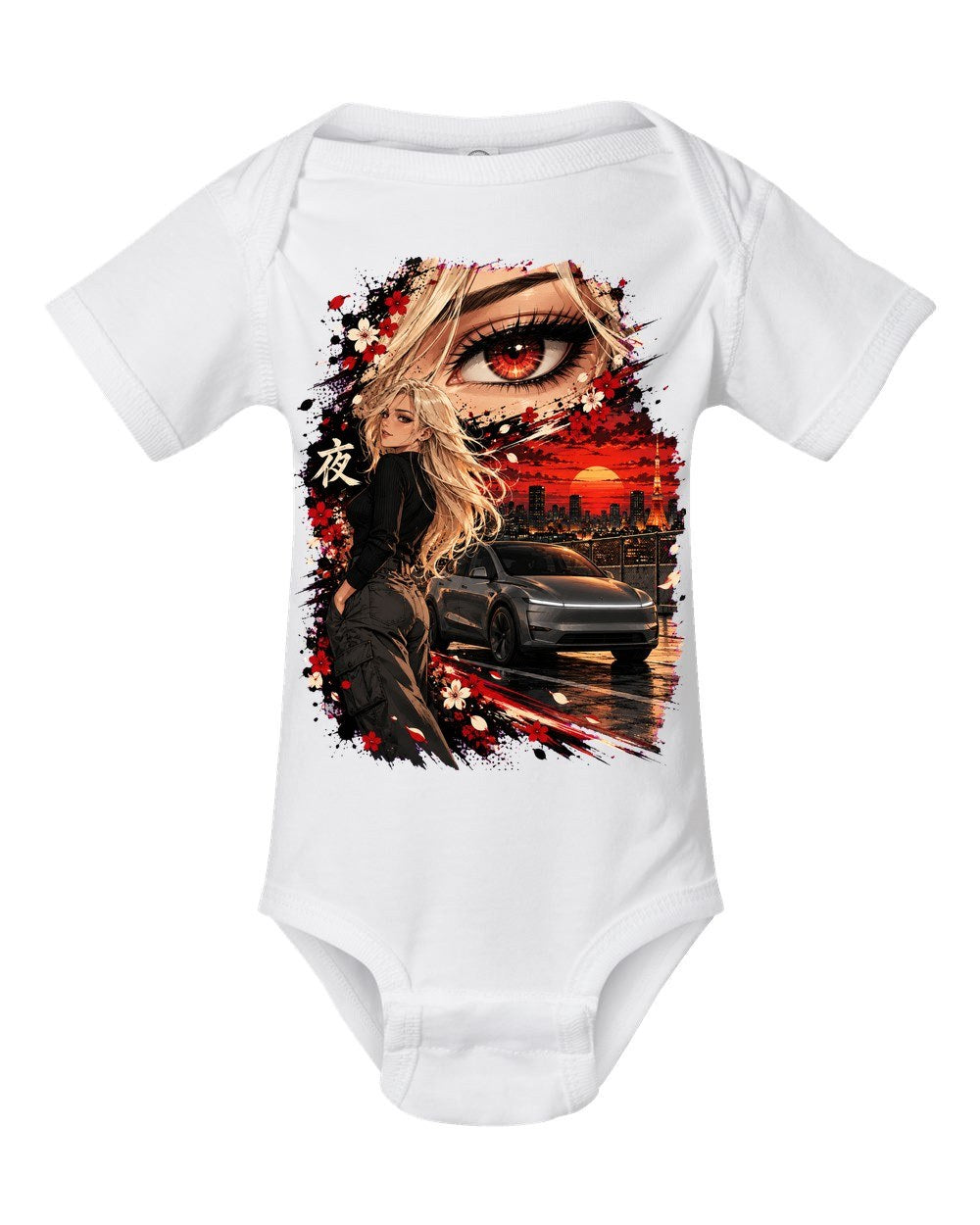 Tesla Model Y Juniper Anime Girl Baby Onesie White front