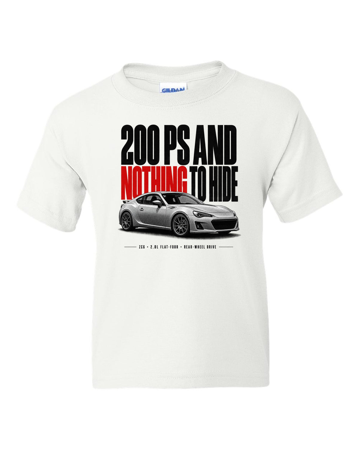 Halftone print for the Subaru BRZ ZC6 tS reading 200 PS and nothing to hide, 2.0L flat-four, rear-wheel drive white kids tee front view with the design