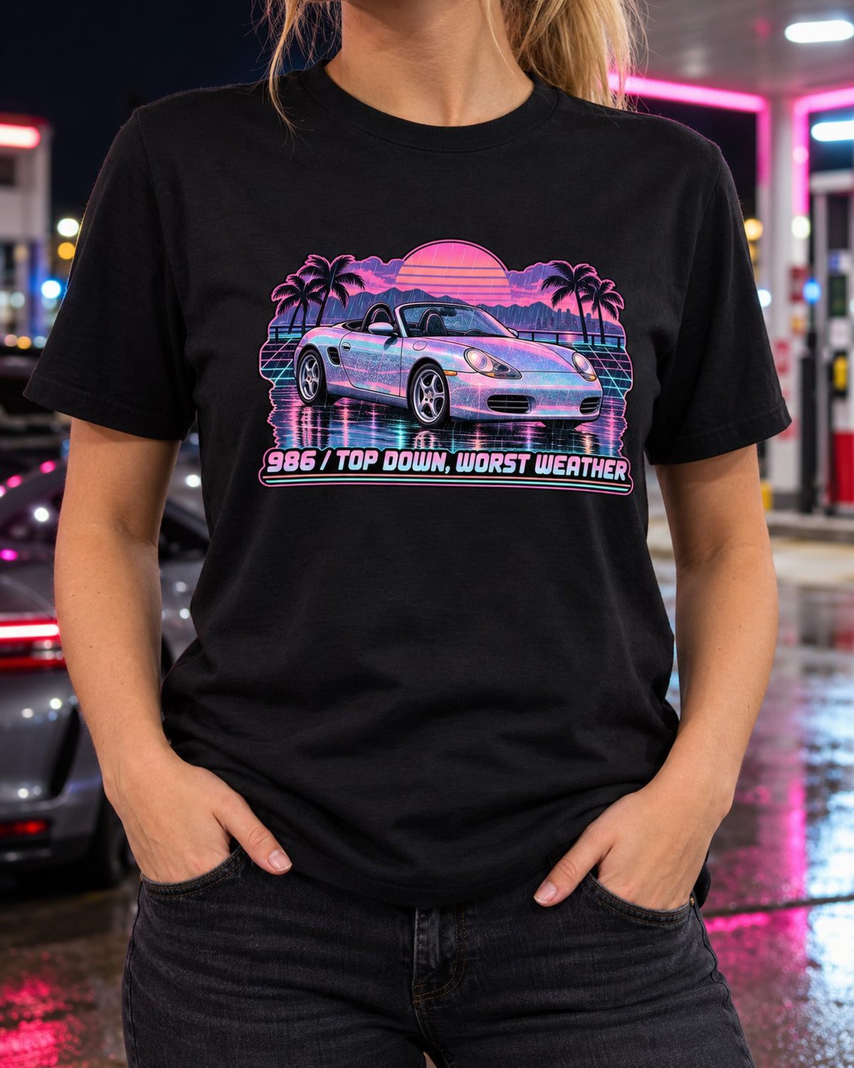 Porsche Boxster 986 Roof Down Lo-Fi Vaporwave Shirt T-Shirt Black worn hero