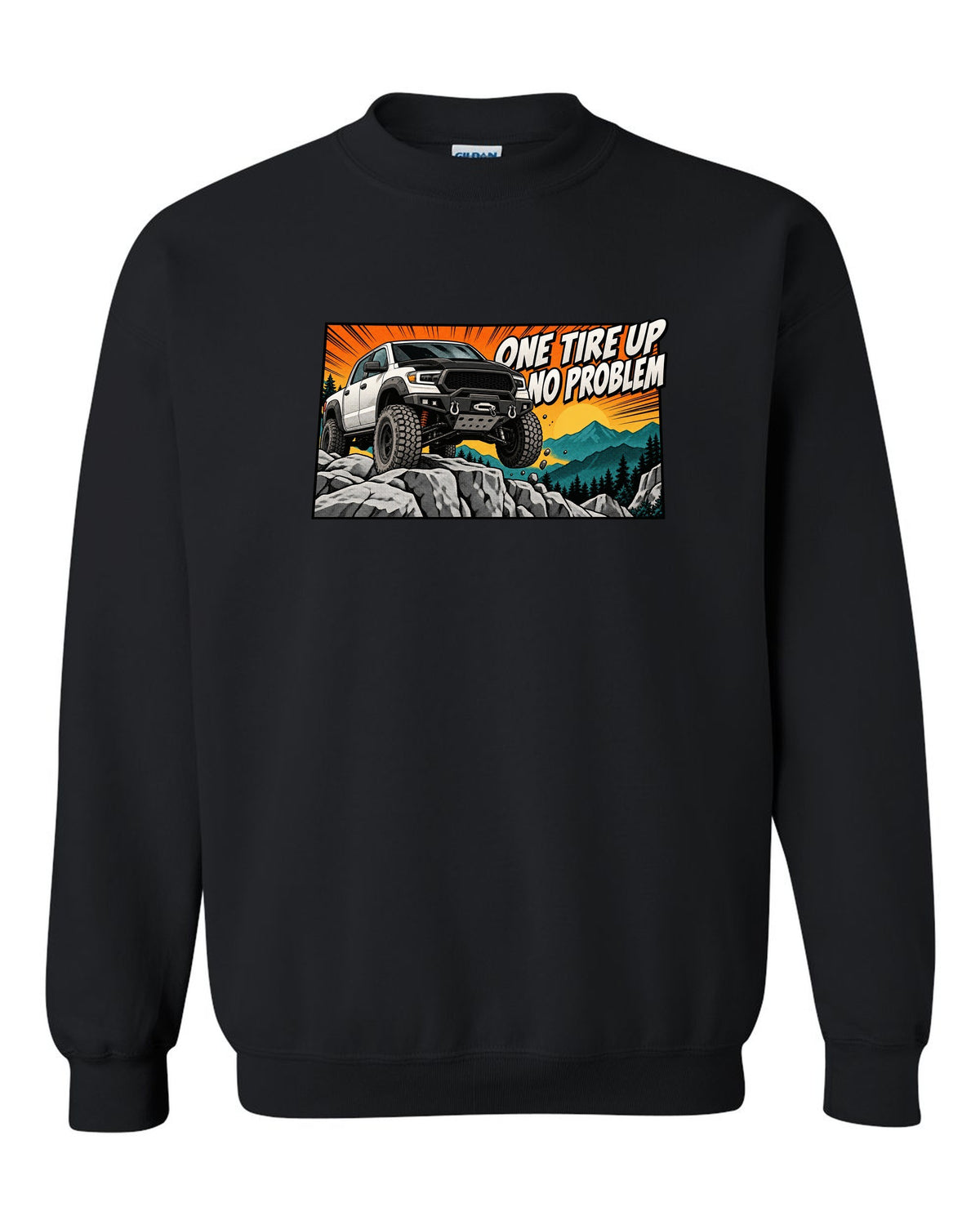 Retro manga halftone print of a Ram Power Wagon 2500 4x4 with one tire up on a ledge black crewneck front view with the design