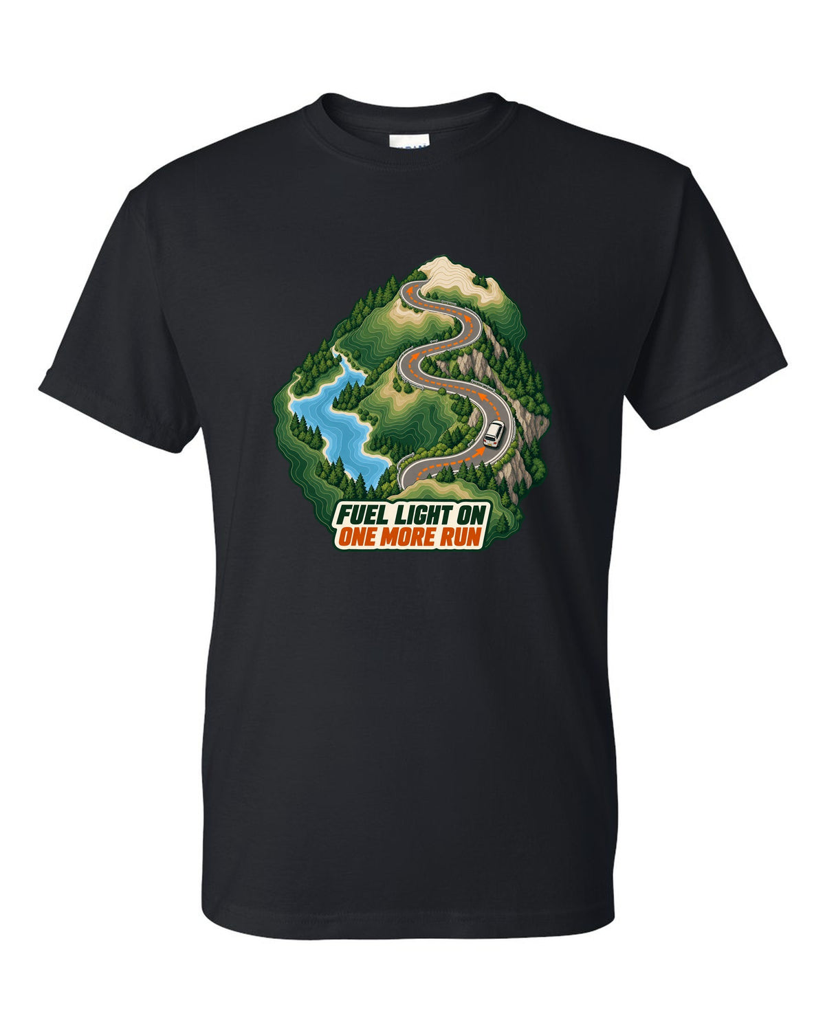 Topographic route map print of a Toyota Corolla Levin AE86 with Fuel Light On lettering black t-shirt front view with the design
