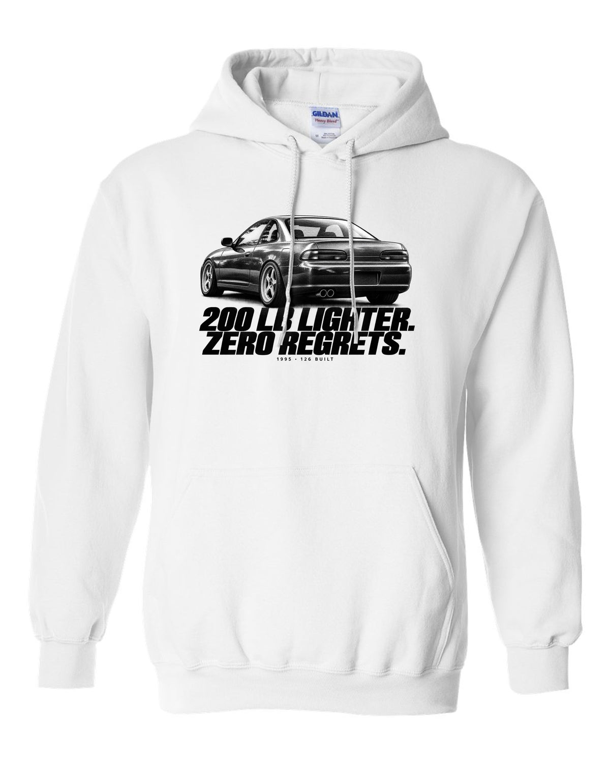BMW E36 M3 Lightweight 1995 halftone print with 200 lb lighter and 126 built text white pull over hoodie front view with the design