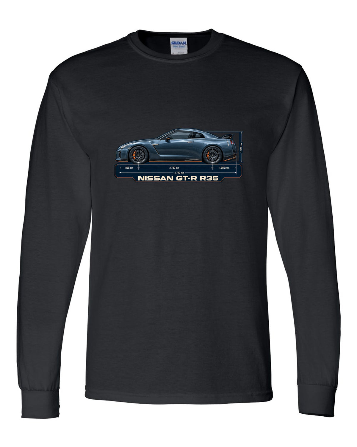 Nissan Z RZ34 Performance dimension blueprint in graphite blue black long sleeve front view with the design