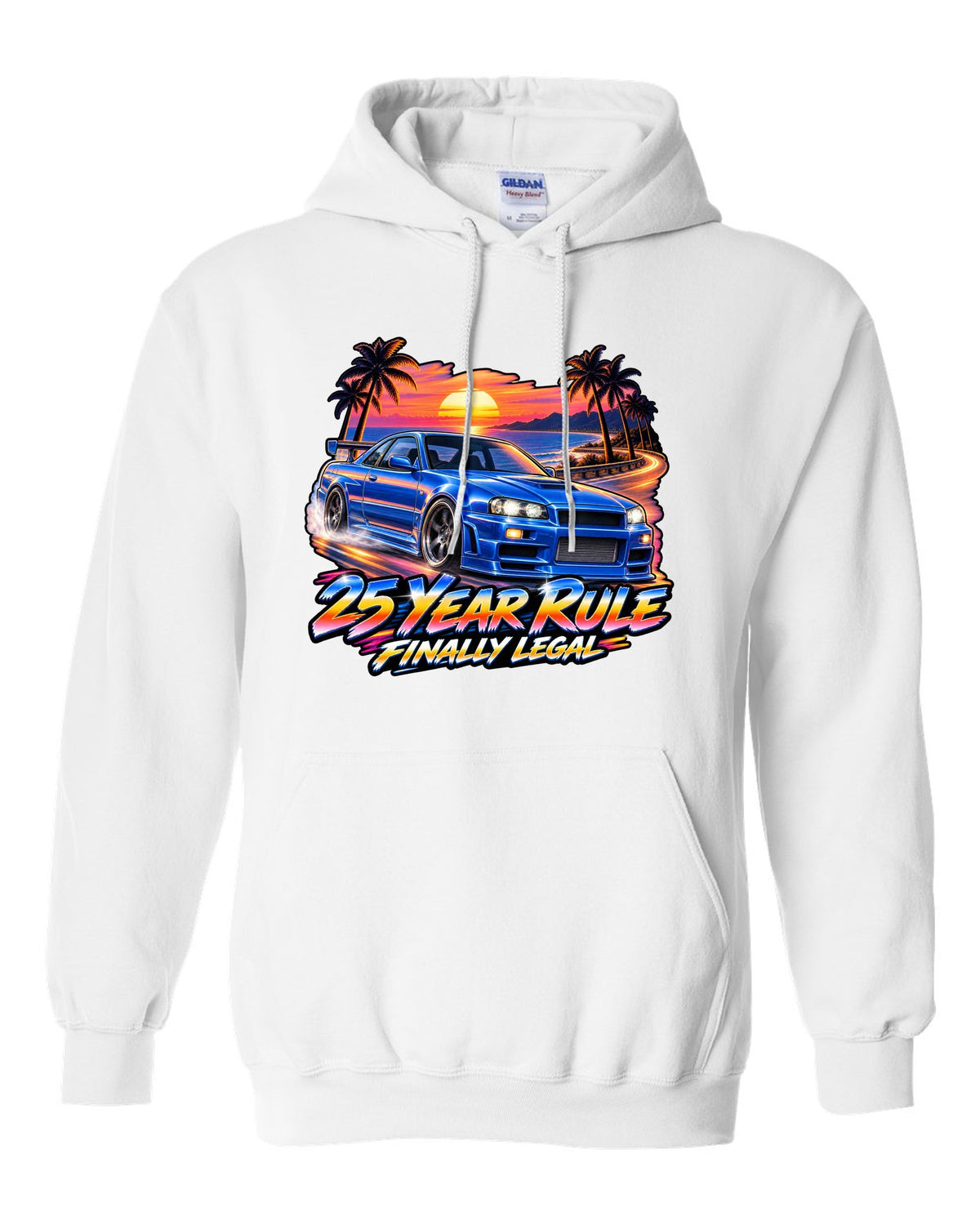 Retro airbrush sunset poster print of a Nissan Skyline GT-R R34 BNR34 with 25 year rule text white pull over hoodie front view with the design