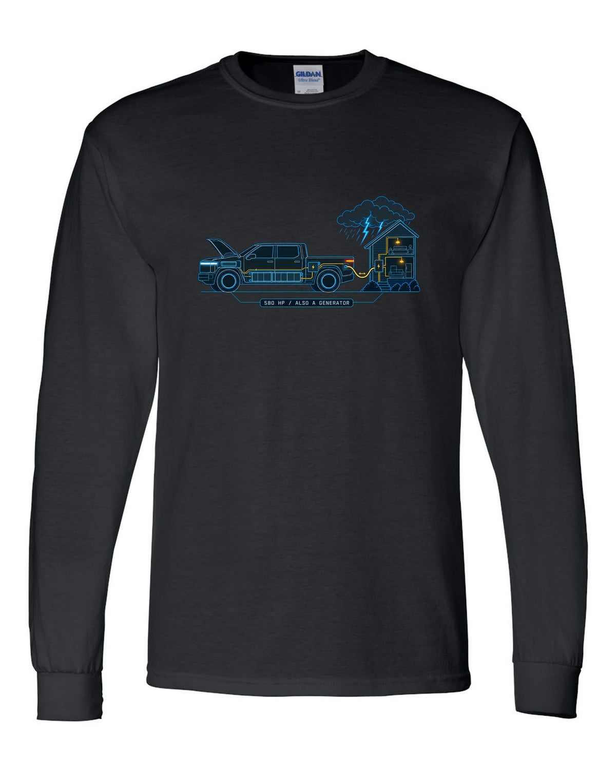 Ford F-150 Lightning electrical schematic diagram print with 580 HP and generator text black long sleeve front view with the design