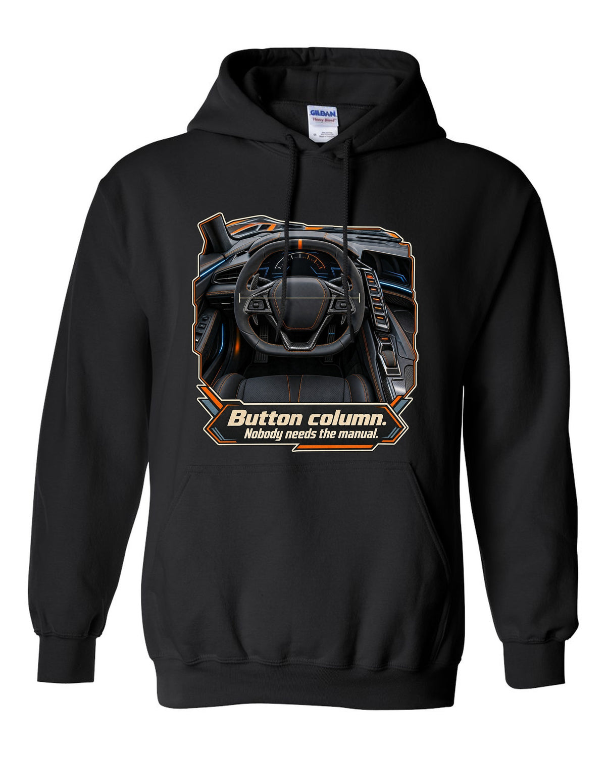 print of a Chevrolet Corvette C8 ZR1 cockpit with gauges and button column text black pull over hoodie front view with the design