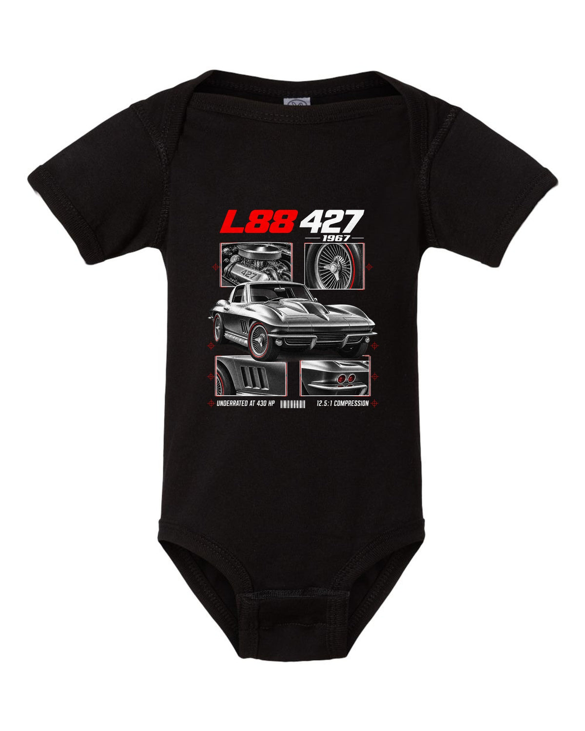Chevrolet Corvette C2 Sting Ray 1967 L88 427 dossier print black baby onesie front view with the design