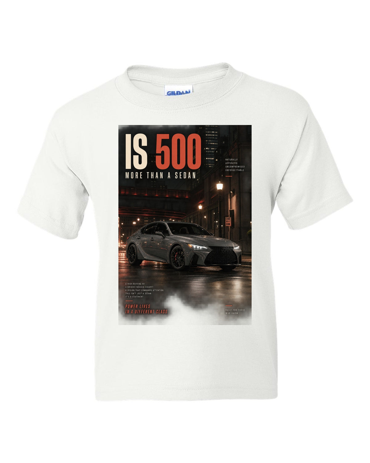 Halftone print of the Lexus IS 500 with 5.0 V8 text white kids tee front view with the design