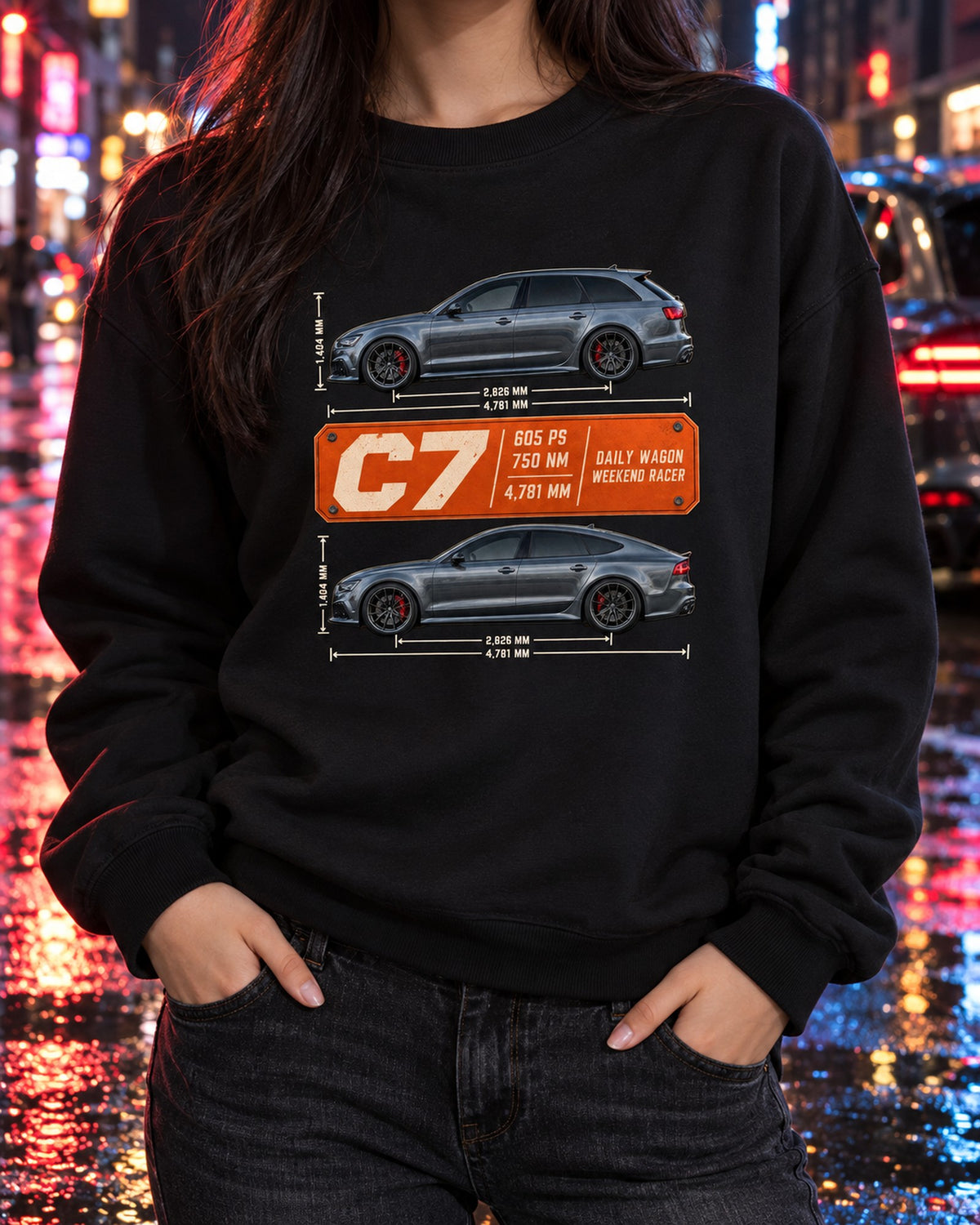 Audi RS4 Avant B9 Spec Poster Tee, 450 PS Daily Wagon Crewneck Black worn hero