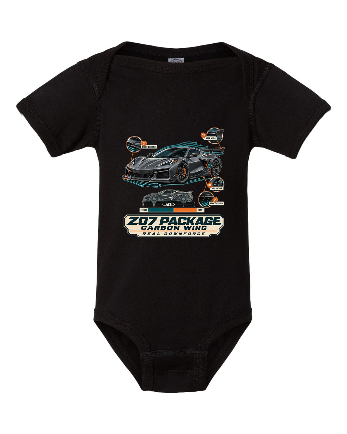Aero callouts print of a Chevrolet Corvette C8 Z06 with Z07 package and carbon wing black baby onesie front view with the design