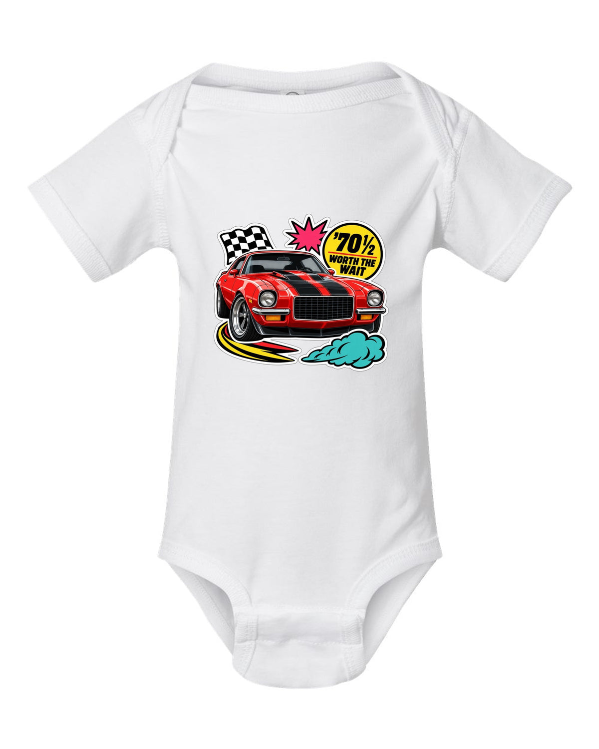 Sticker-bomb collage with die-cut edges of a 1970 Chevrolet Camaro Z28 white baby onesie front view with the design