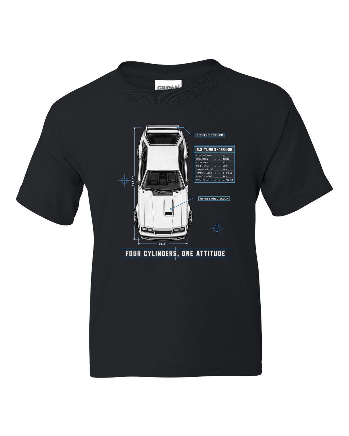 Spec poster print of a 1984-86 Fox Body Mustang 2.3 turbo chback black kids tee front view with the design