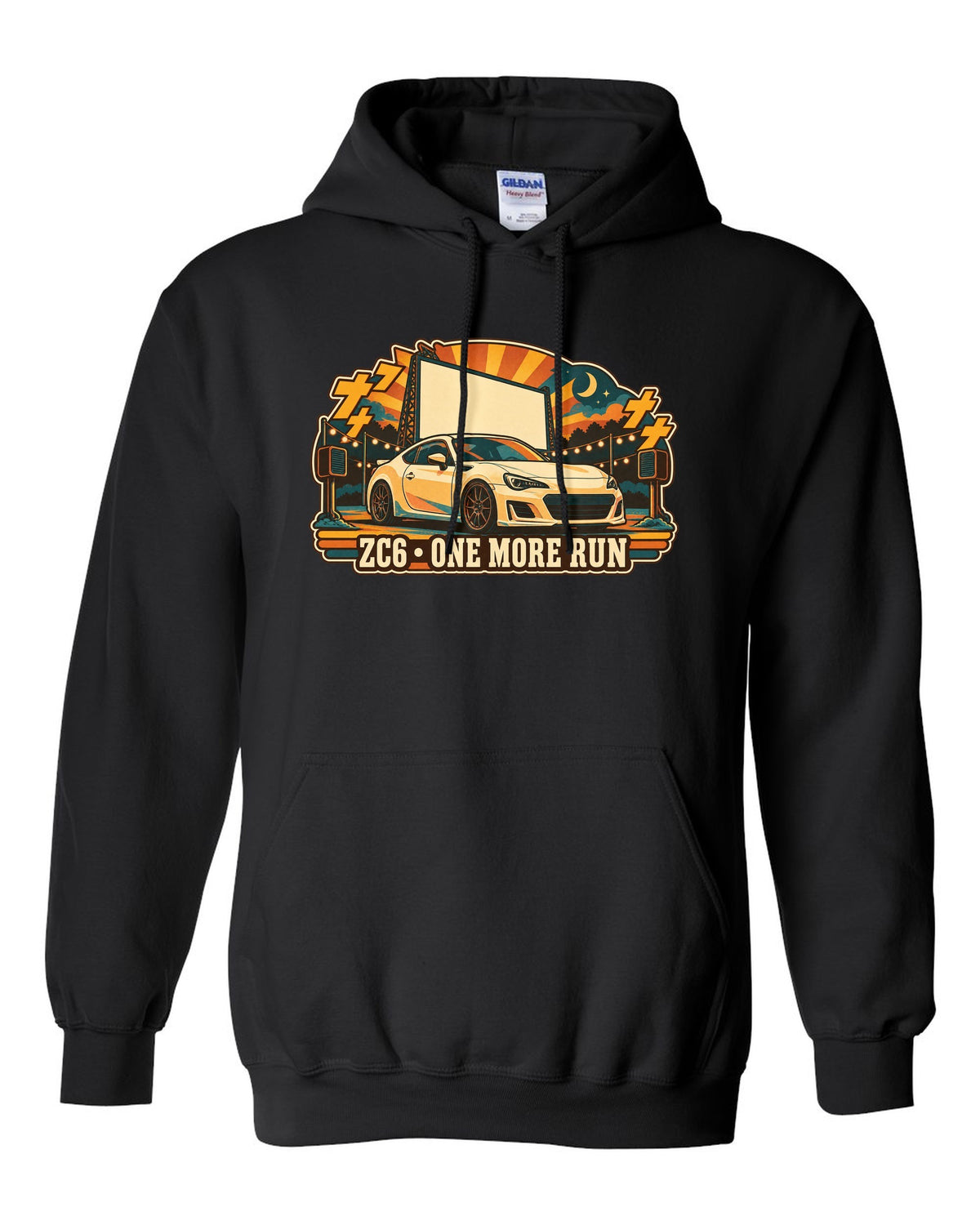 Subaru BRZ ZC6 in a retro Japanese showa catalogue ad style, ZC6 / ONE MORE RUN black pull over hoodie front view with the design