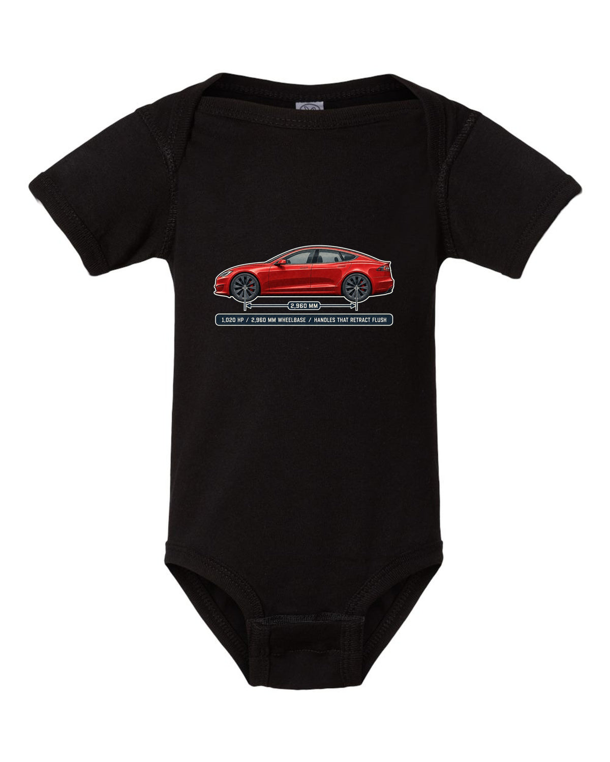 Tesla Model S Plaid Dimension Blueprint black baby onesie front view with the design