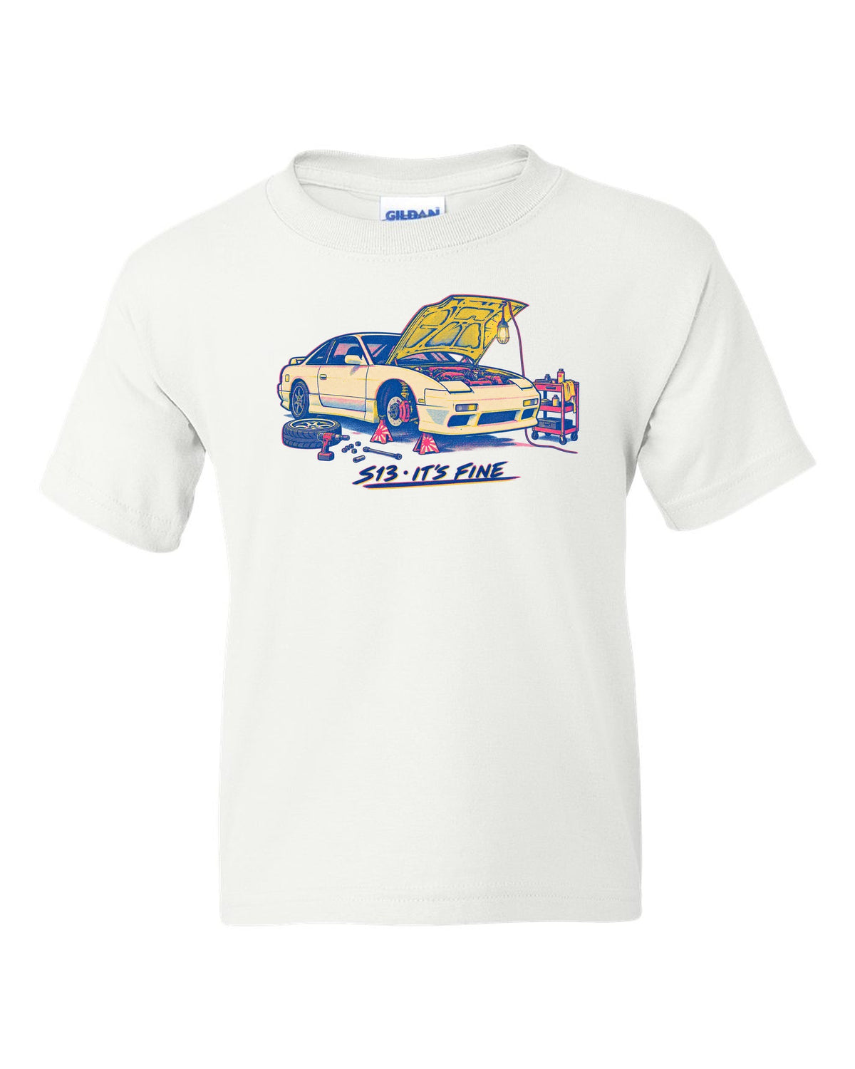 Risograph workshop print of a Nissan S13 with S13 it's fine lettering white kids tee front view with the design