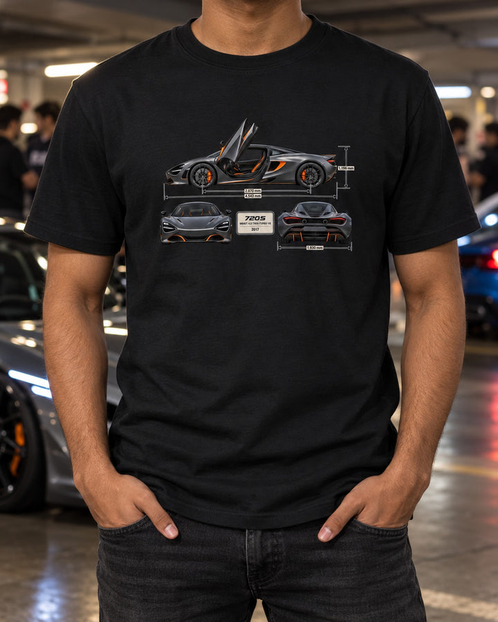 McLaren 720S Dimension Blueprint Shirt, M840T V8 Car Tee T-Shirt Black worn hero
