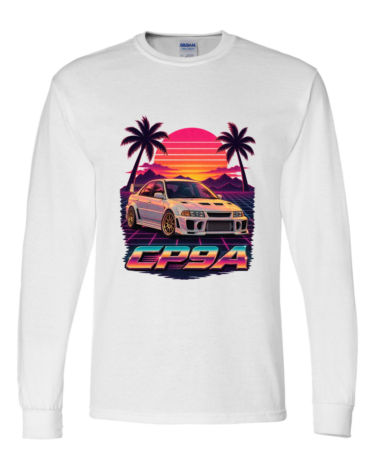 Synthwave sunset poster of a Mitsubishi Lancer Evolution V CP9A with palm trees white long sleeve front view with the design