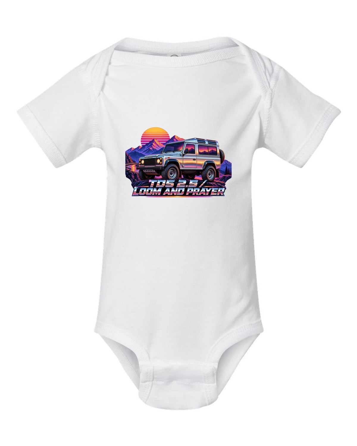 80s airbrush chrome art of a Land Rover Defender 110 Td5 on a sunset mountain pass white baby onesie front view with the design