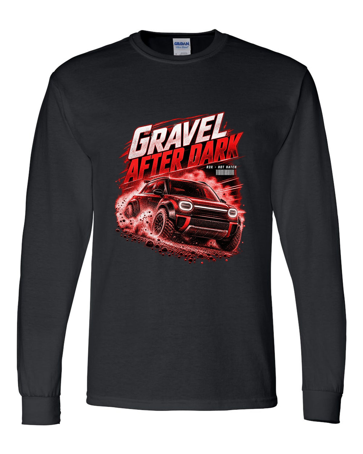Rivian R3X hot ch with rally flares on a gravel road at night black long sleeve front view with the design