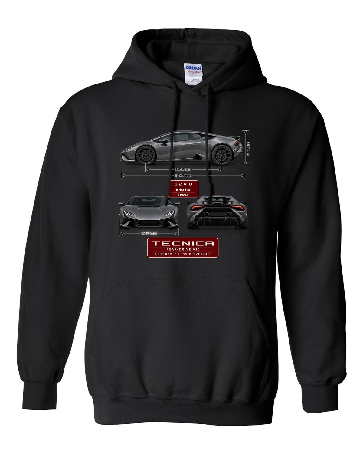 Three-view spec table print of the Lamborghini Huracan Tecnica black pull over hoodie front view with the design