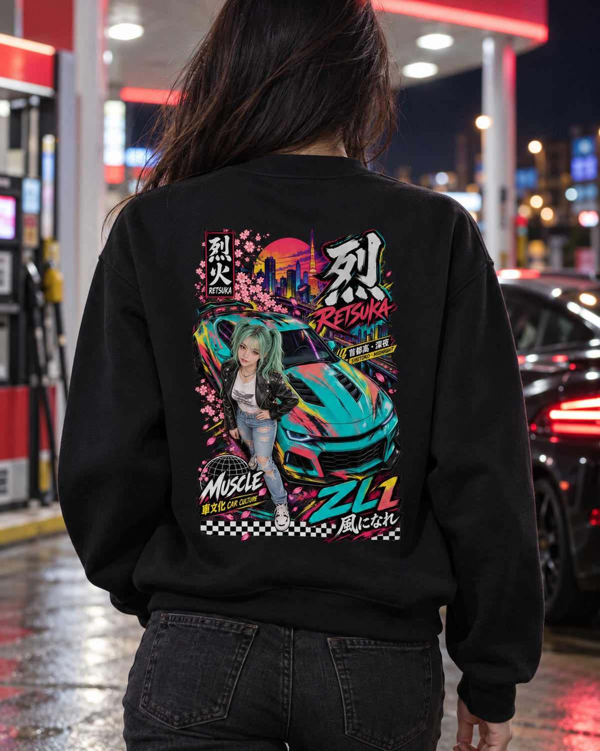 RETSUKA ZL1 Anime Girl Full-Back Graphic Tee Crewneck Black worn hero