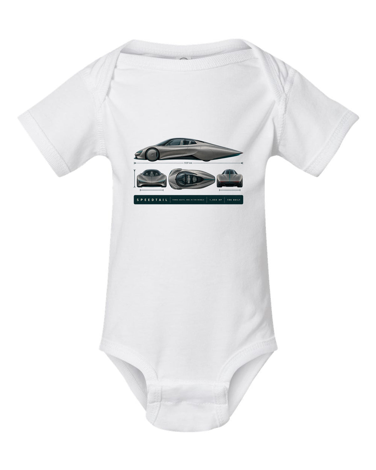 Warm grey and teal length blueprint print of a McLaren Speedtail white baby onesie front view with the design