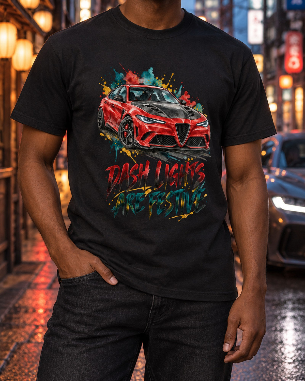 Alfa Romeo Giulia Quadrifoglio 952 Dash Lights Watercolour Tee T-Shirt Black worn hero