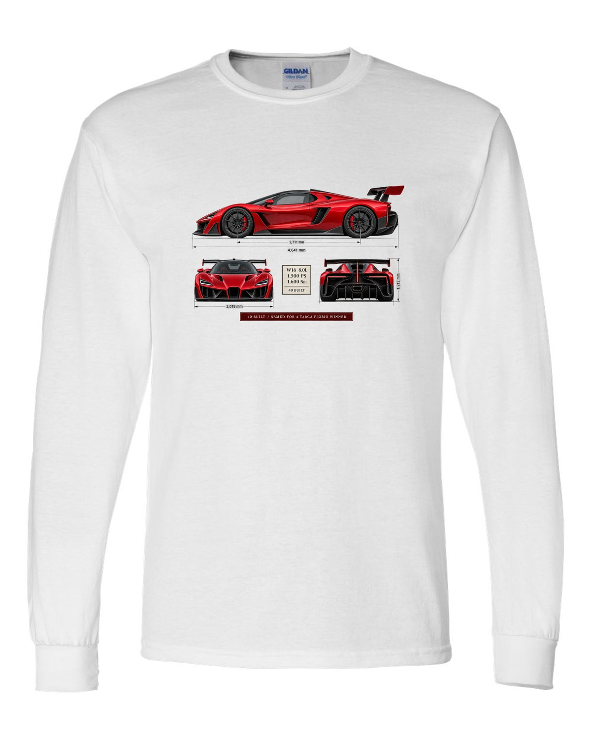Bugatti Divo three-view print with spec table, 40 built white long sleeve front view with the design
