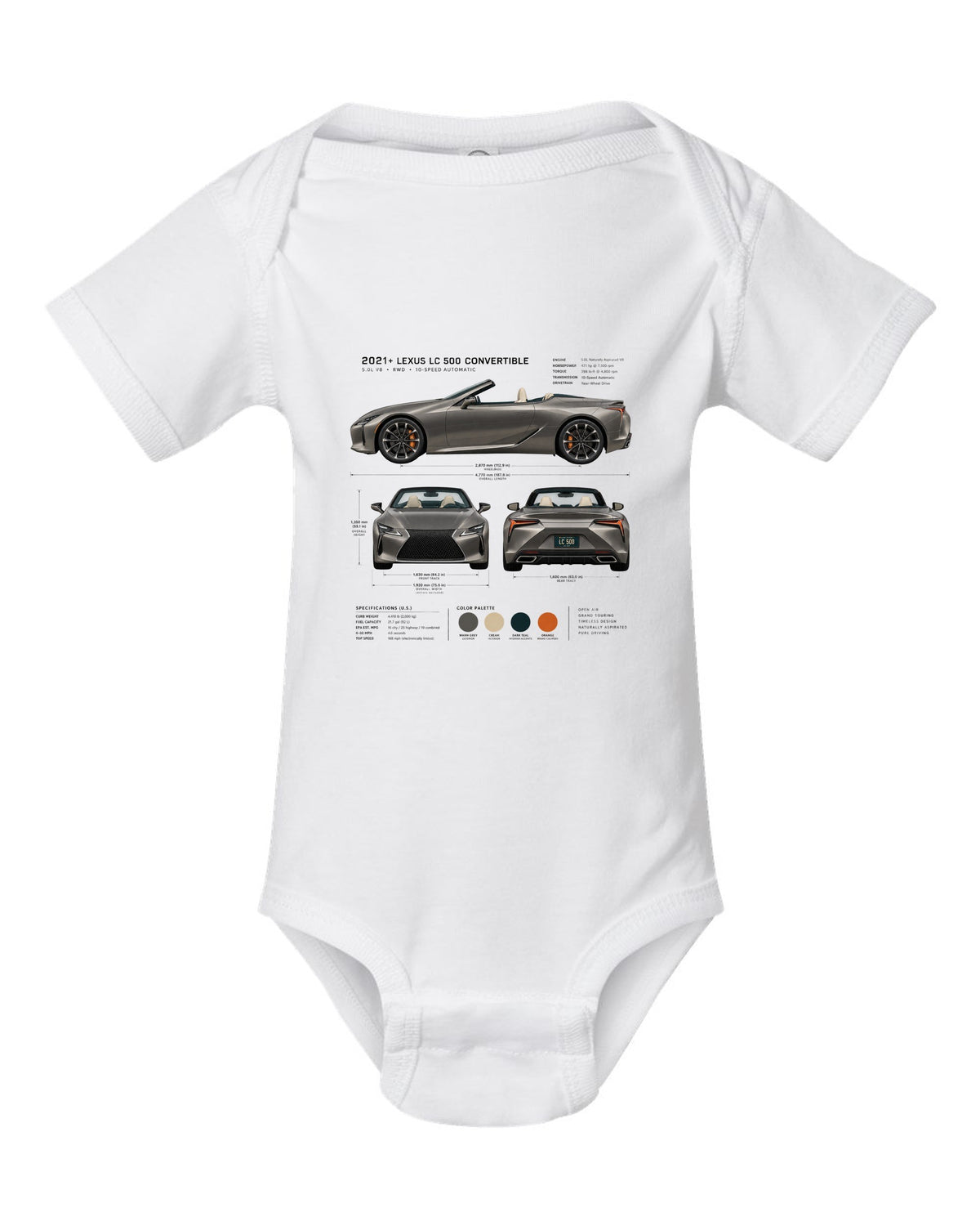 Three-view drawing of the Lexus LC 500 Convertible with spec table white baby onesie front view with the design
