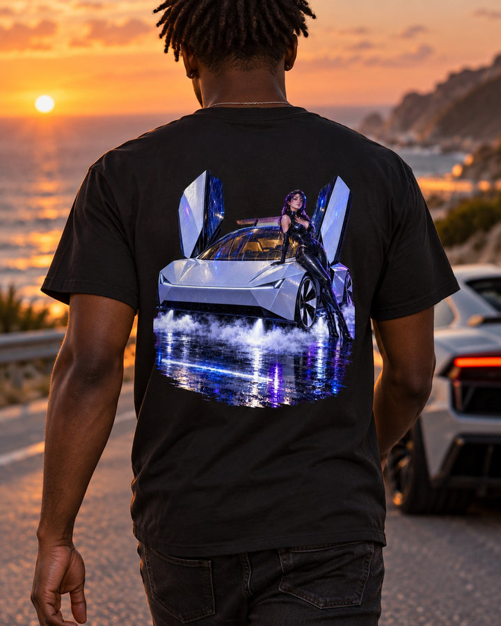 Tesla Roadster Neon Anime Girl Shirt, Hoodie & More T-Shirt Black worn hero