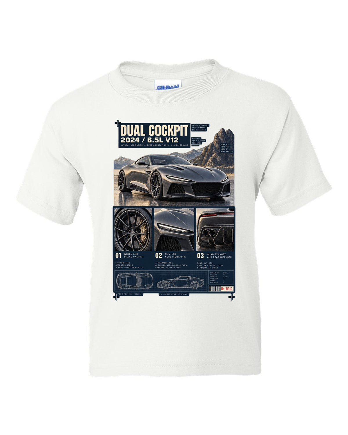Dossier panel print of the Ferrari 12Cilindri with cockpit and V12 text white kids tee front view with the design