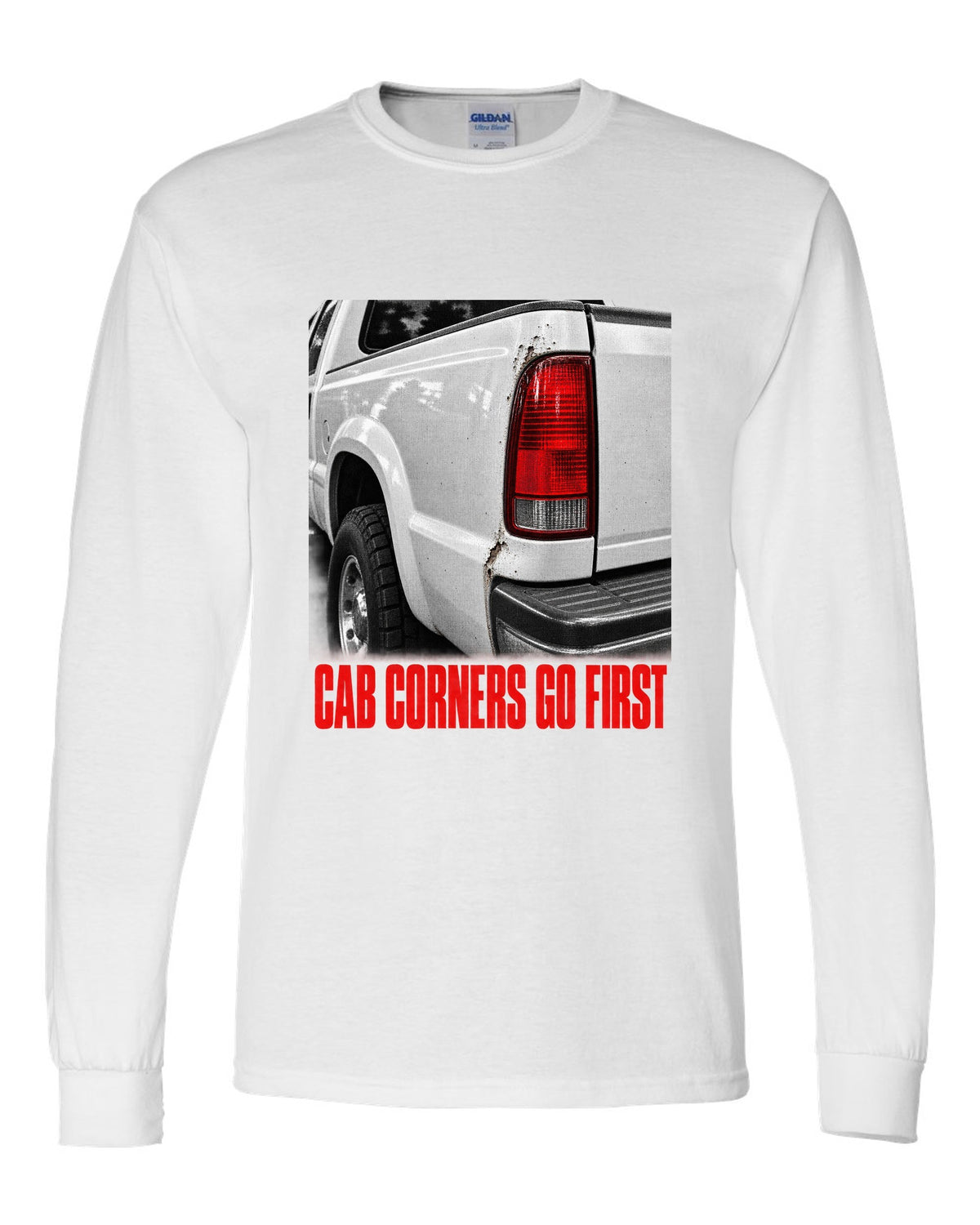 NBS Silverado taillight detail with cab corner rust, print white long sleeve front view with the design