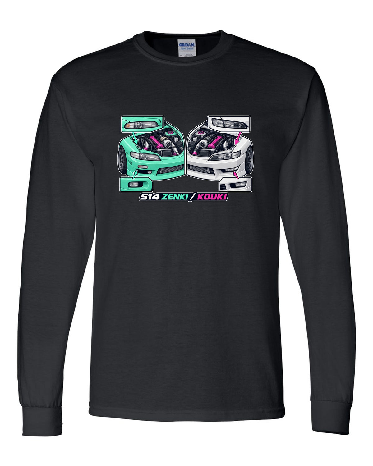 Isometric cutaway print of a 1993 Nissan Silvia S14 with Zenki and Kouki lettering black long sleeve front view with the design