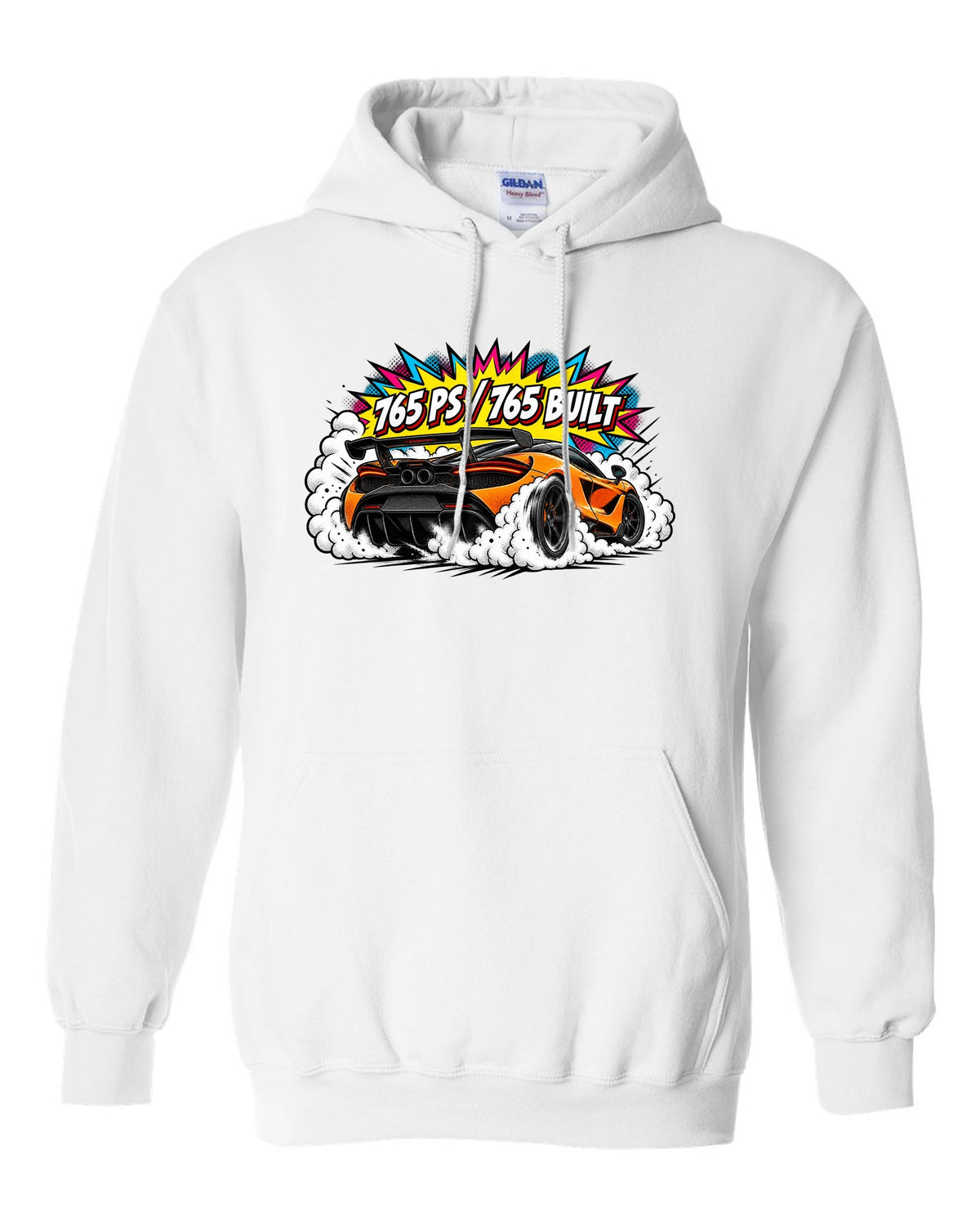 Comic halftone pop-art print of a McLaren 765LT burnout with 765 PS and 765 Built lettering white pull over hoodie front view with the design