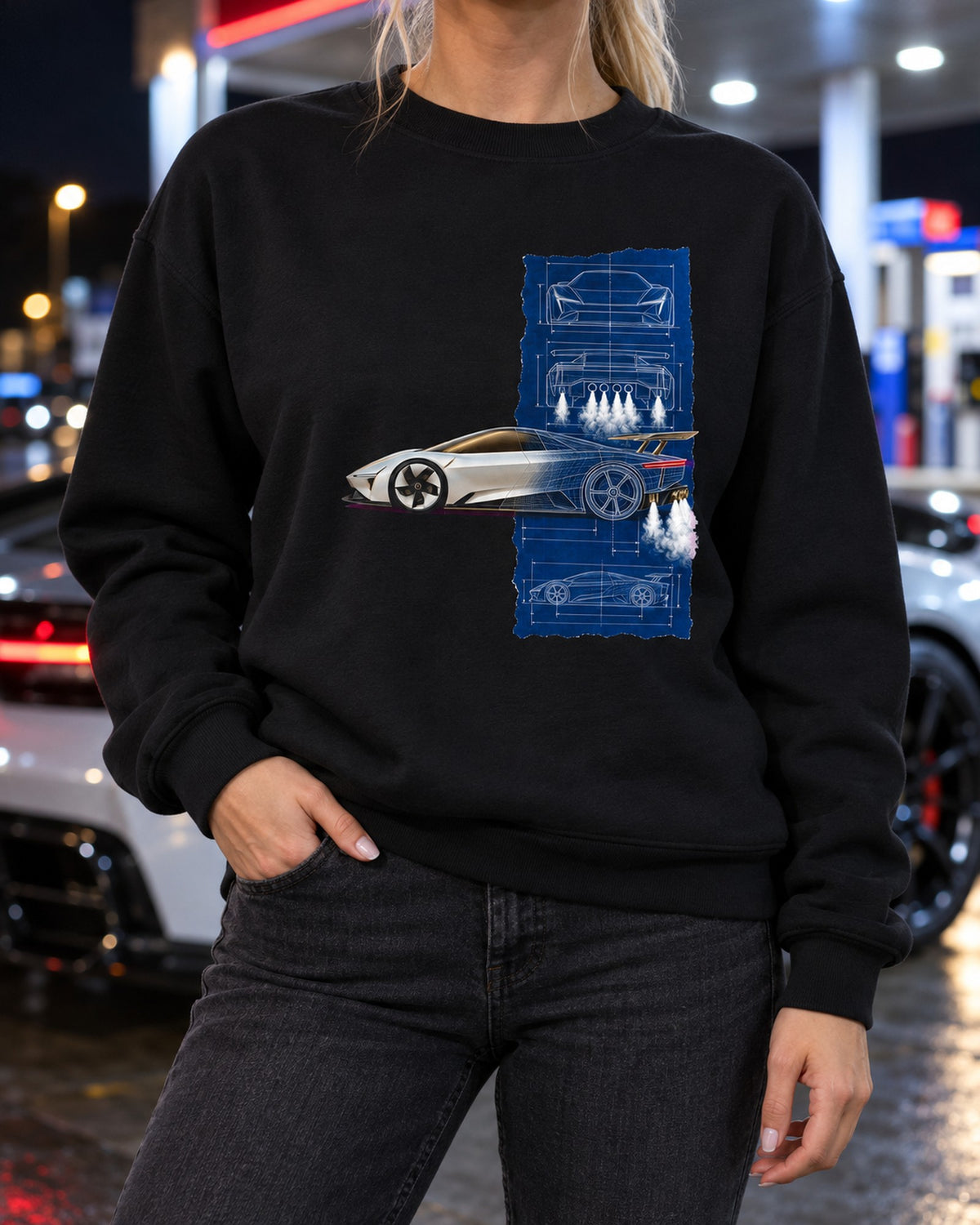 Tesla Roadster Blueprint Shirt, Hoodie & More Crewneck Black worn hero