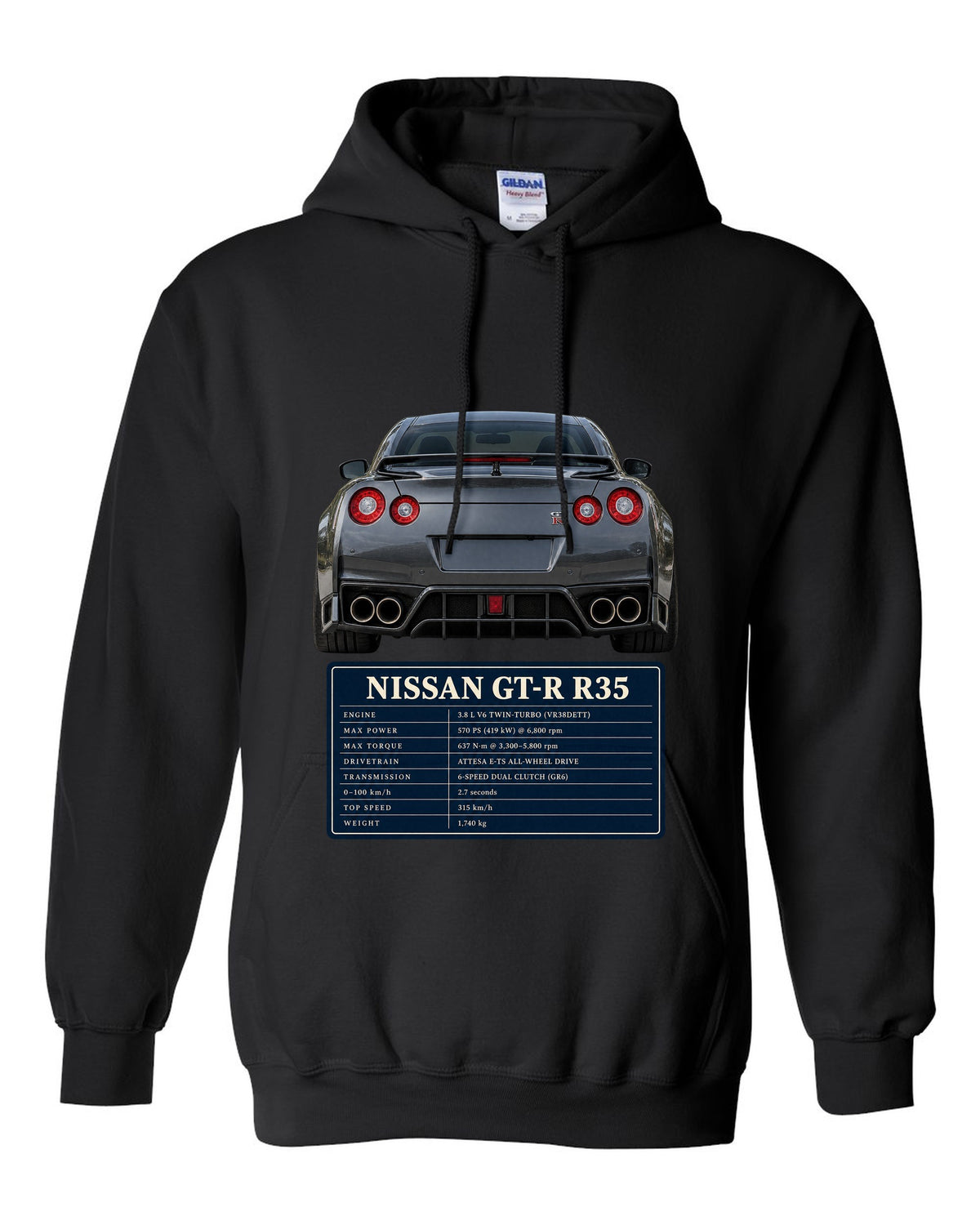 Close crop of Nissan GT-R R35 2014 Premium round taillights black pull over hoodie front view with the design