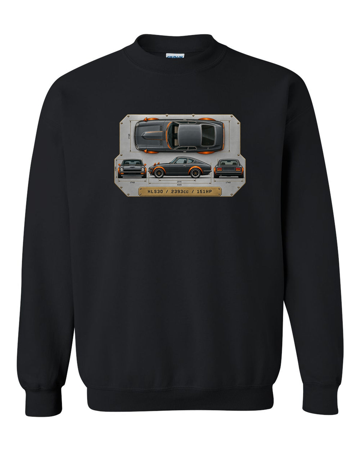 Top-down spec plate print of a Datsun 240Z HLS30 with 2393cc and 151HP black crewneck front view with the design