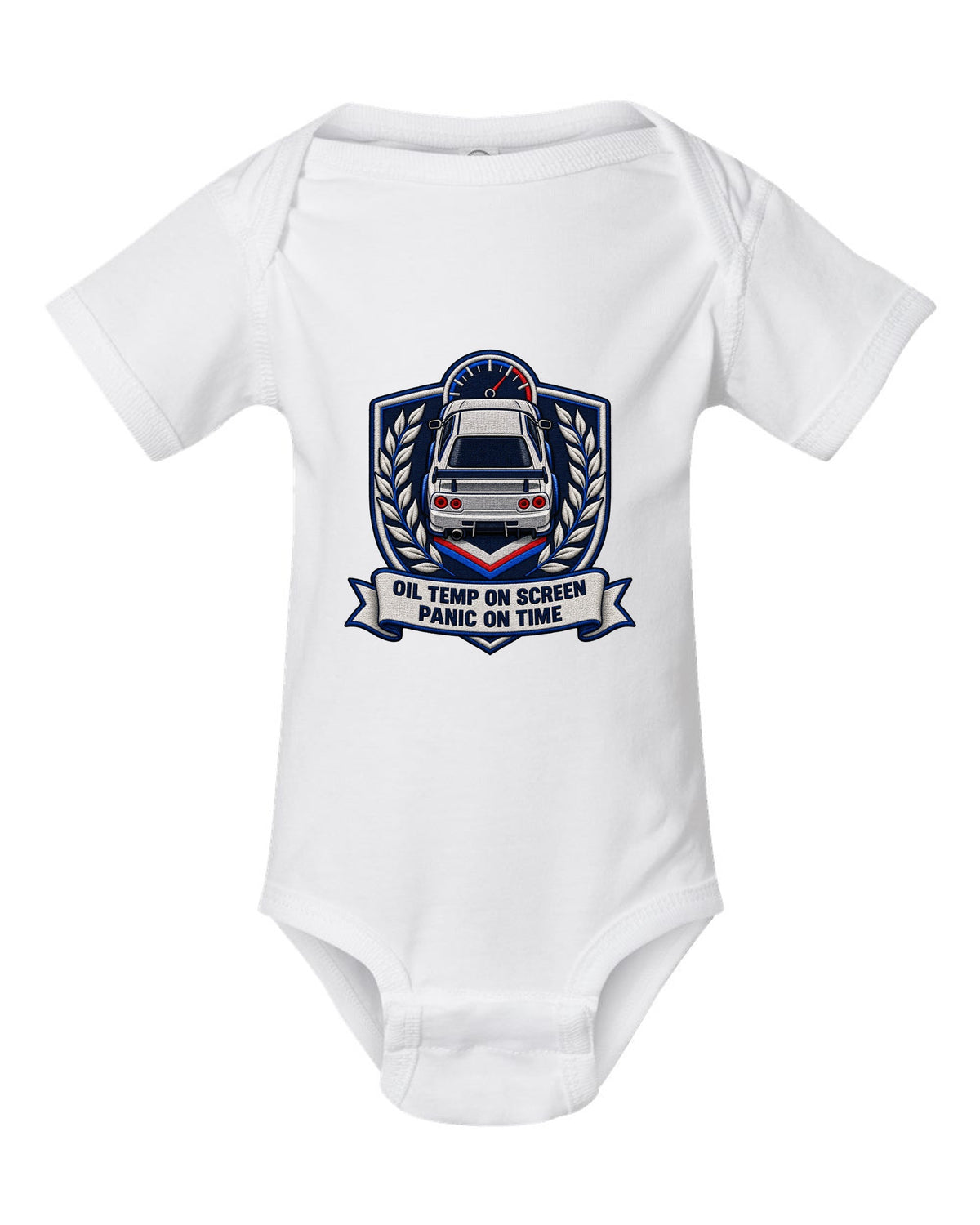 Embroidery-style shield crest print for the Nissan Skyline GT-R BNR34 with oil temp lettering white baby onesie front view with the design