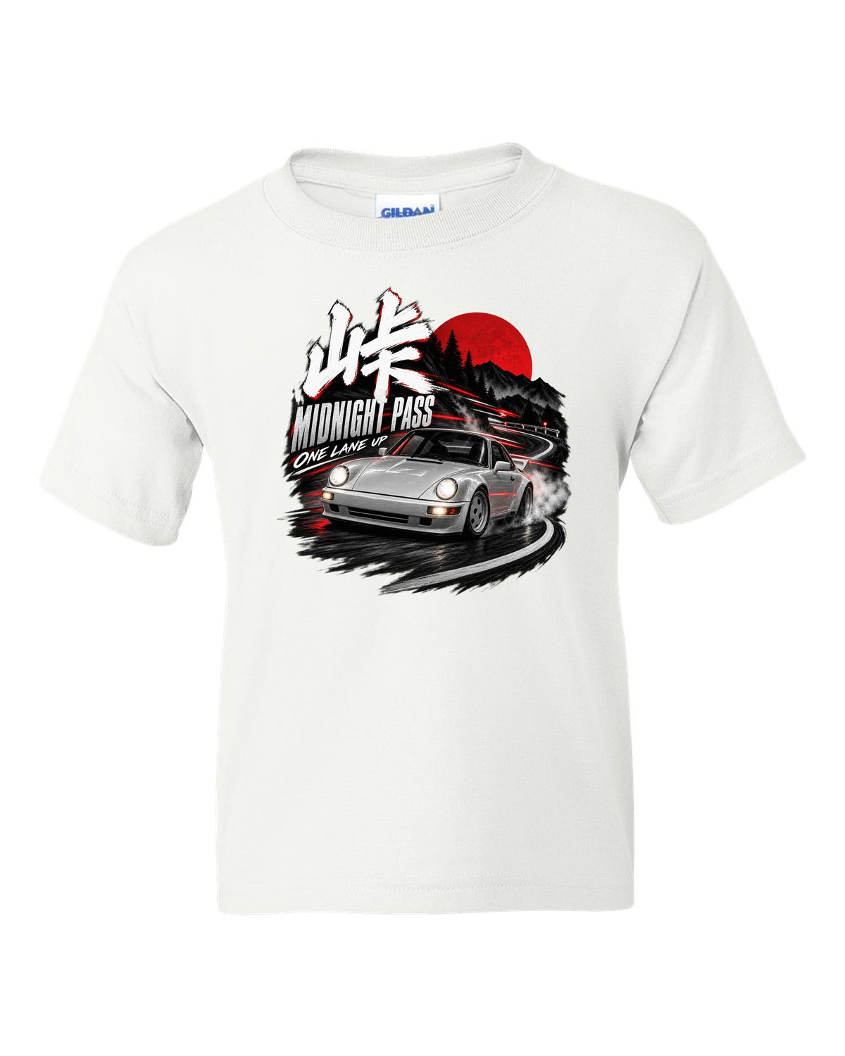Touge night print of an outlaw-style Porsche 911 Carrera 4 964 on a mountain pass white kids tee front view with the design