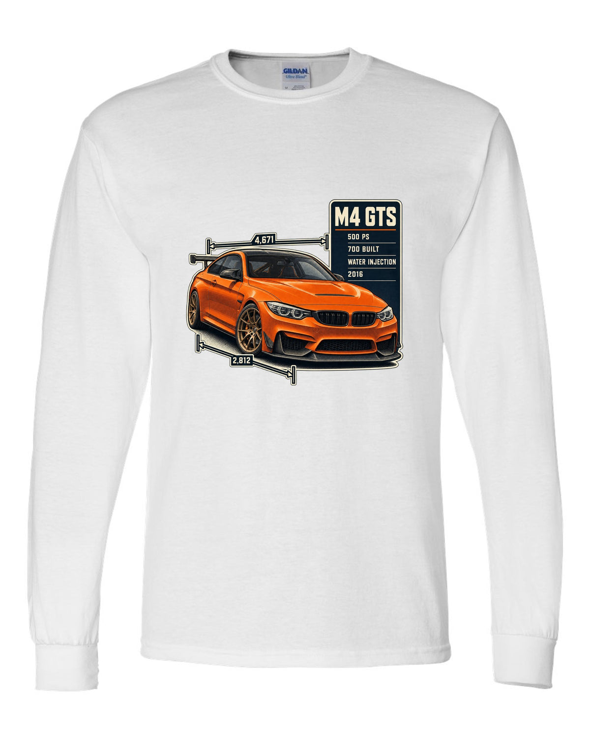 BMW M4 GTS F82 spec poster print design white long sleeve front view with the design