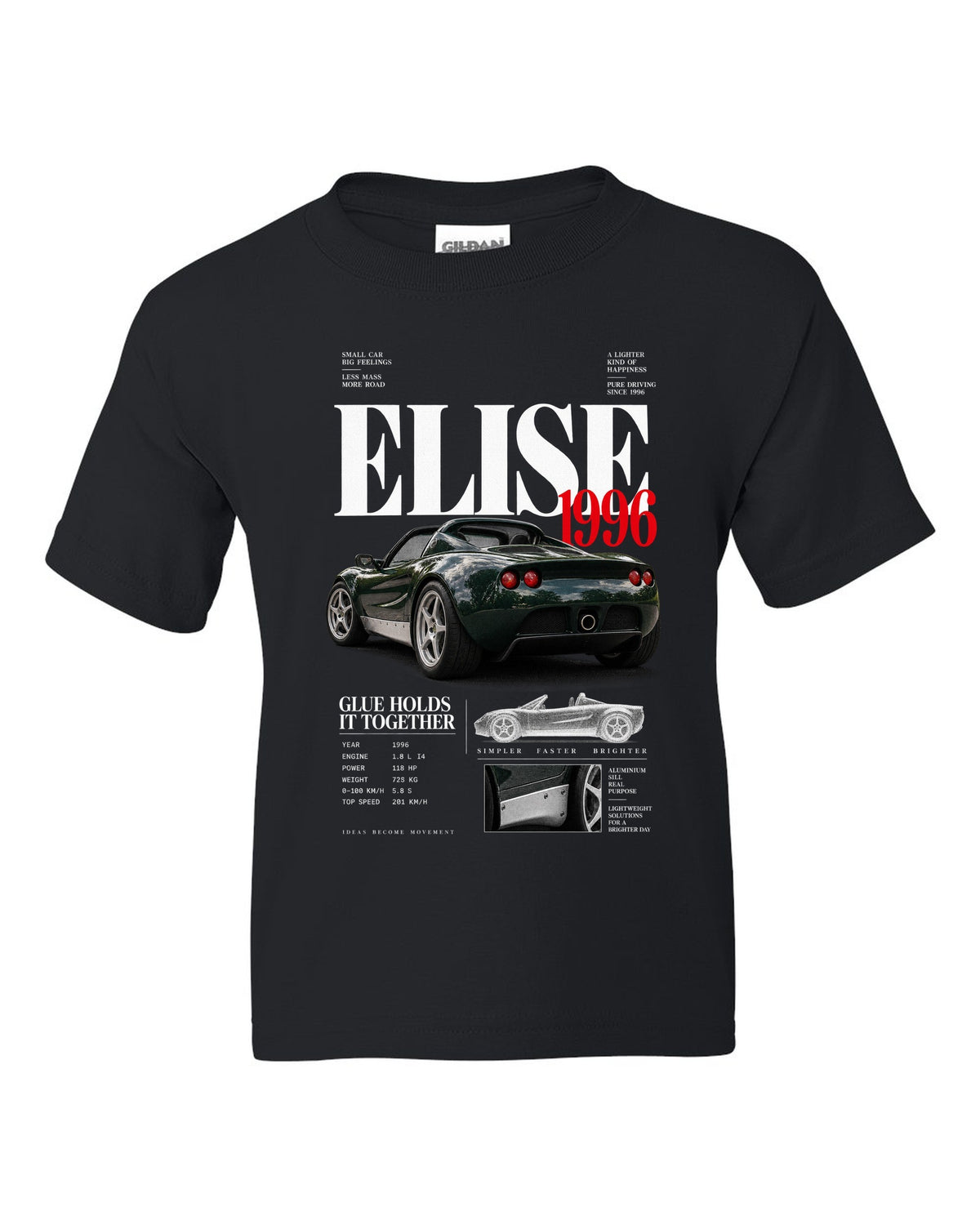 Editorial headline print for a 1996 Lotus Elise S1 with glue holds it together text black kids tee front view with the design