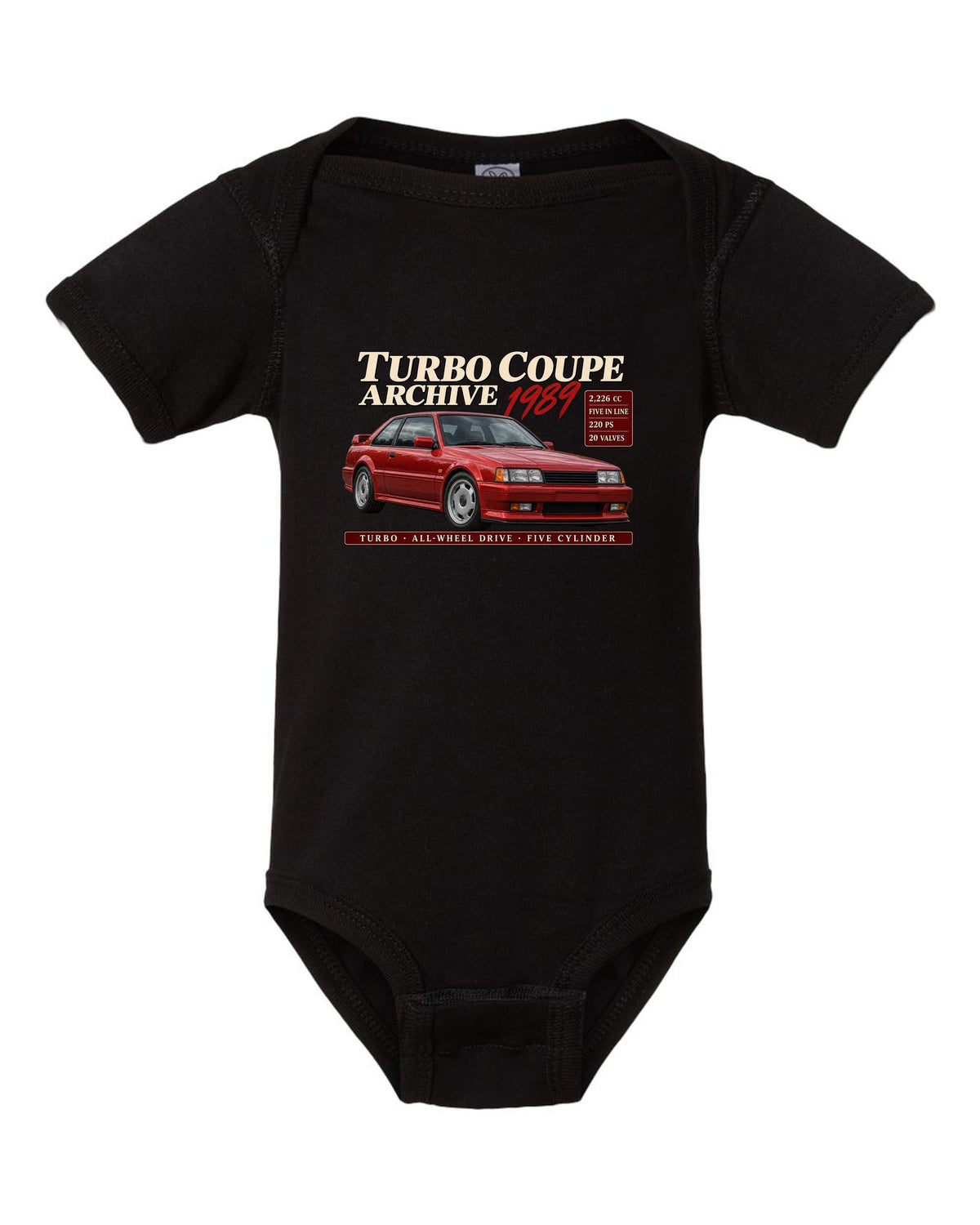 Audi Ur-Quattro 20V 1989 front three-quarter in archive panel with 2,226 cc text black baby onesie front view with the design