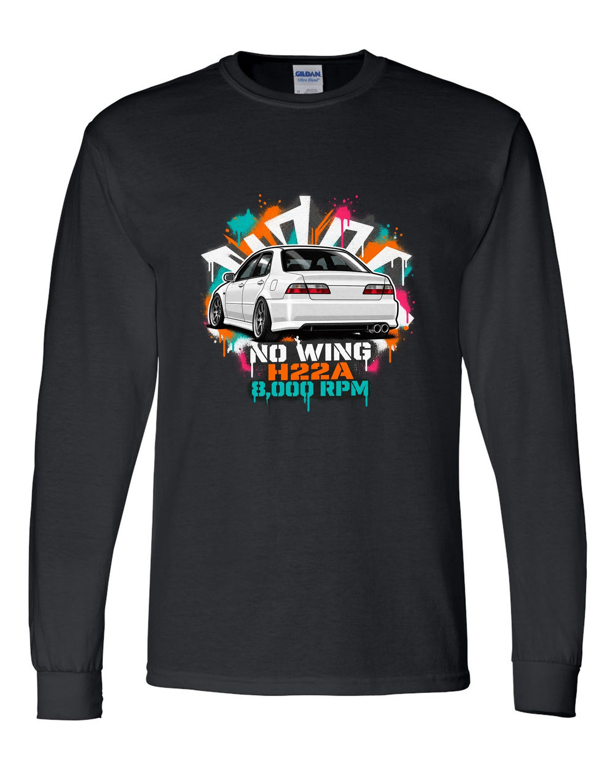 Stencil spray street art print of a Honda Accord Euro R CL1 with no wing H22A 8,000 RPM text black long sleeve front view with the design