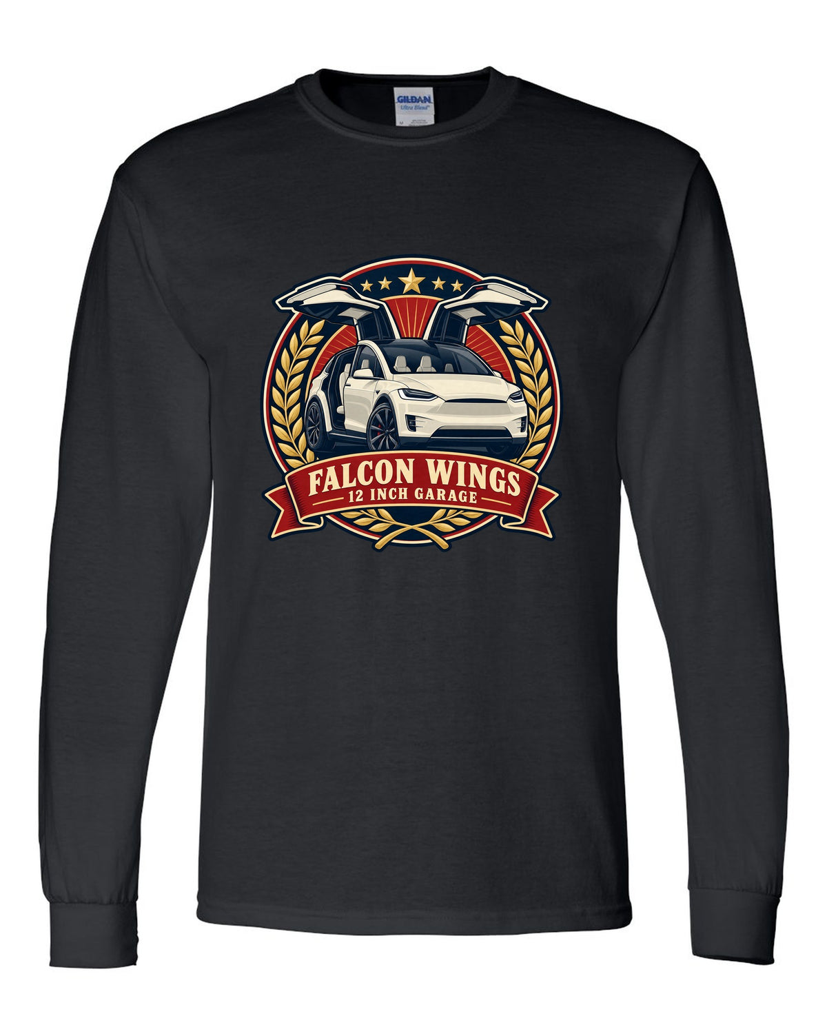 Vintage badge illustration print of a Tesla Model X with falcon wing doors reading Falcon Wings 12 Inch Garage black long sleeve front view with the design