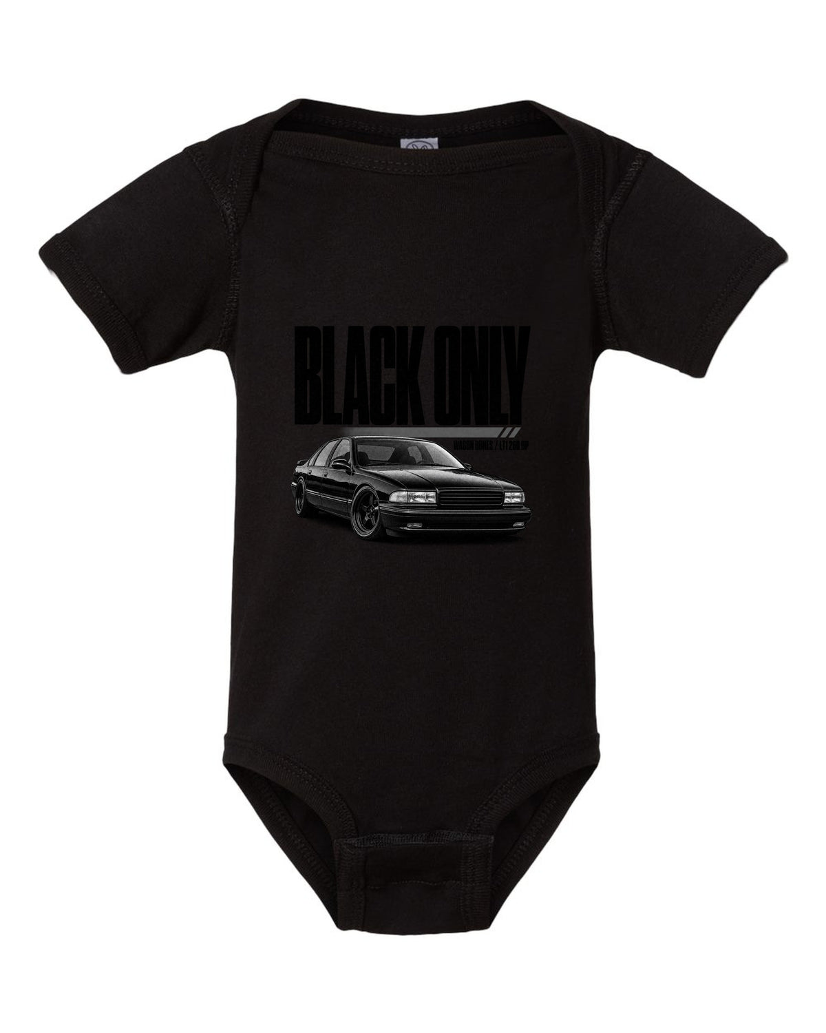 1994 Impala SS front three-quarter halftone print with LT1 text black baby onesie front view with the design
