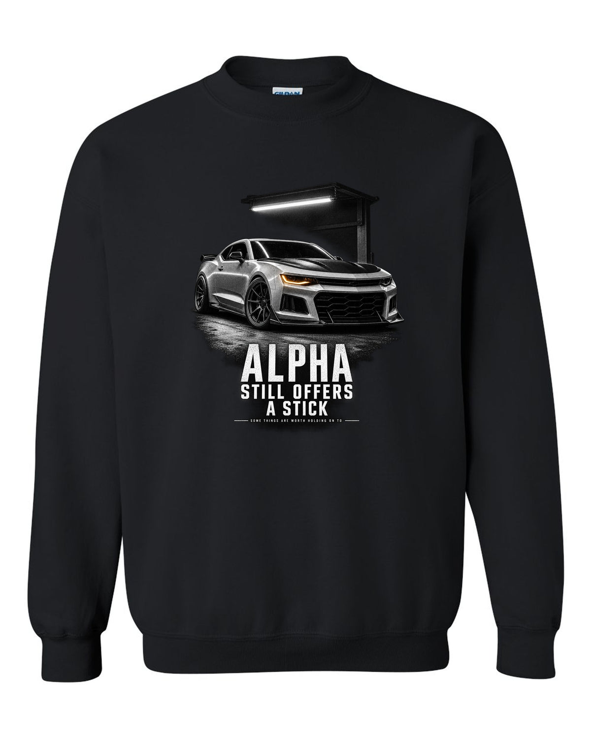 Garage-night print of a 2018 Chevrolet Camaro SS 1LE sixth-gen front three-quarter with Alpha text black crewneck front view with the design