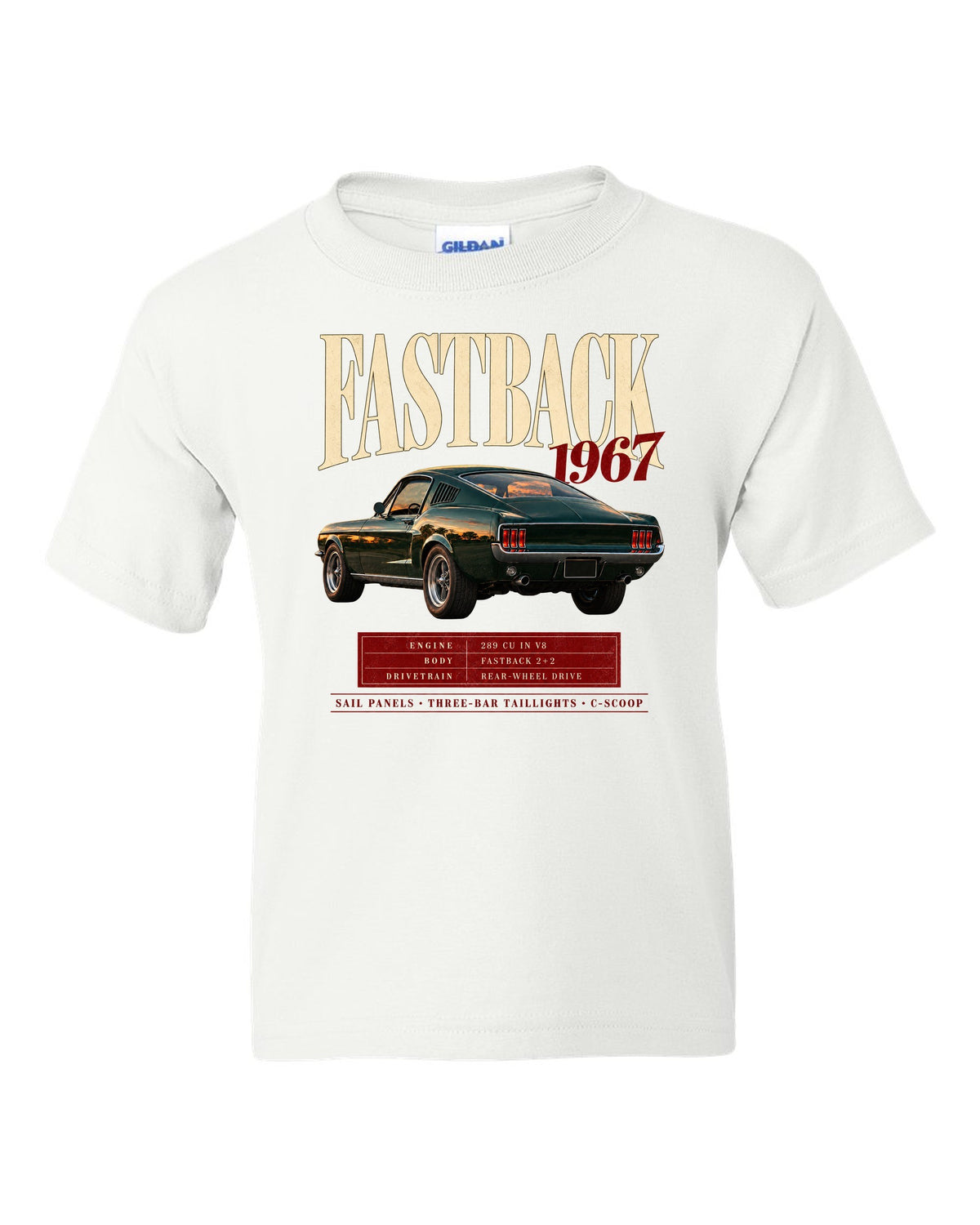Archive panel illustration of a 1967 Ford Mustang fastback with 289 V8 spec callouts white kids tee front view with the design