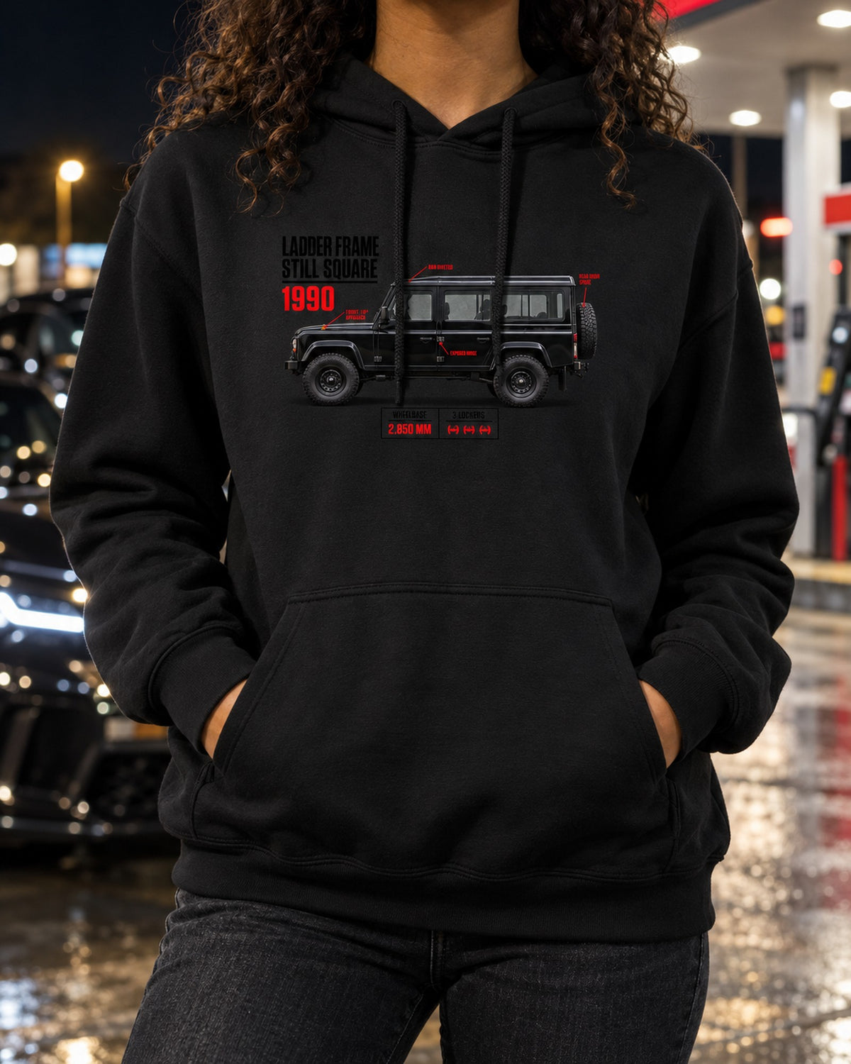 Mercedes G-Class W463 Spec Poster Shirt, Ladder Frame Tee Pull Over Hoodie Black worn hero
